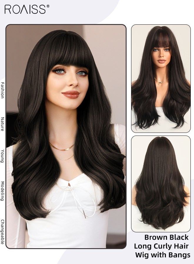 roaiss Long Curly Hair Wig with Bangs for Women, Natural Soft Synthetic Heat Resistant Hair Natural Looking Wig for Wedding Cosplay Party Daily Wear, Brown Black, 60cm (24 inches) - Image 1